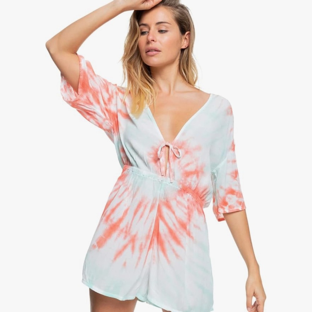 Roxy Women's coral, aqua and white swim coverup, beach romper size M